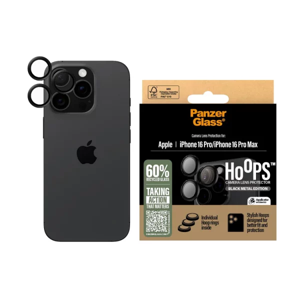PanzerGlass iPhone 16 Pro Max Hoops Siyah Çerçeve Şeffaf Kamera Lens Koruyucu