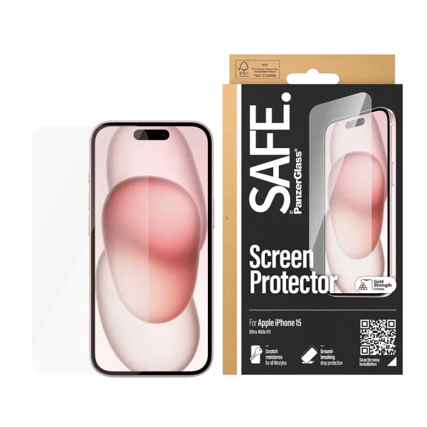 PanzerGlass SAFE iPhone 15 UWF Şeffaf Cam Ekran Koruyucu