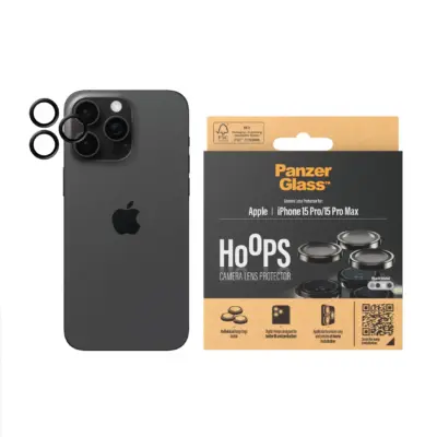 PanzerGlass iPhone 15 Pro Hoops Siyah Çerçeve Kamera Lens Koruyucu - Şeffaf
