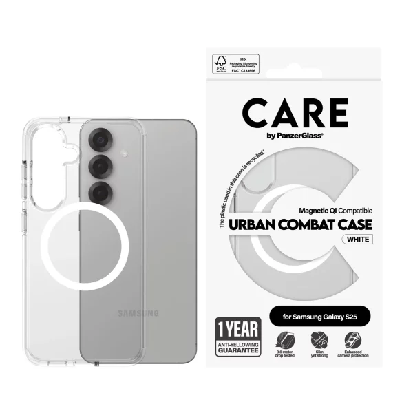 PanzerGlass Care Samsung S25 Ultra Urban Combat QI Beyaz Şeffaf Kılıf