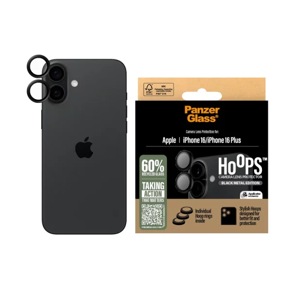 PanzerGlass iPhone 16 Plus Hoops Siyah Çerçeve Şeffaf Kamera Lens Koruyucu