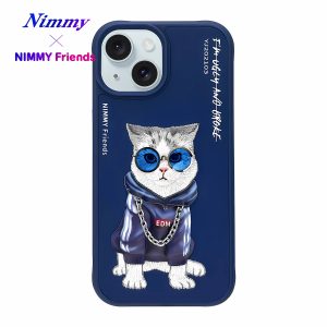 NIMMY iPhone 15 3D Kedi Zincir Gözlük Detaylı Cool Glasses Kılıf Mavi