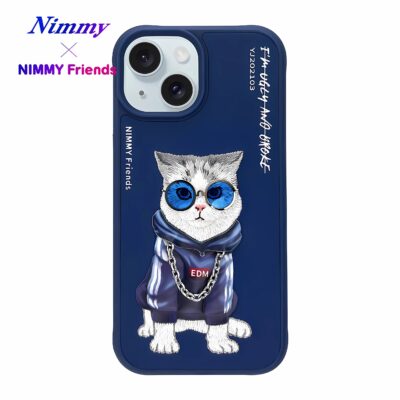 NIMMY iPhone 15 3D Kedi Zincir Gözlük Detaylı Cool Glasses Kılıf - Mavi