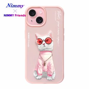 NIMMY iPhone 15 3D Kedi Zincir Gözlük Detaylı Cool Glasses Kılıf Pembe
