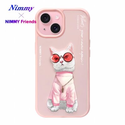 NIMMY iPhone 15 3D Kedi Zincir Gözlük Detaylı Cool Glasses Kılıf - Pembe