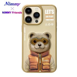 NIMMY iPhone 16 Pro Max 3D Ayıcık Fermuar Mont Gözlük Detaylı Cool Glasses 2.0 Bear Kılıf Gold