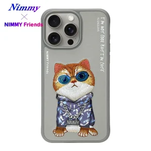 NIMMY iPhone 15 Pro Max 3D Gözlük Zincir Kedi Detaylı Cool Cute 2.0 Kılıf Gri