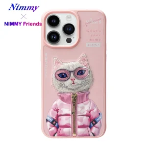 NIMMY iPhone 16 Pro 3D Gözlük Zincir Kedi Detaylı Cool Cute 2.0 Kılıf Pembe