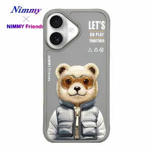 iPhone 16 3D Ayıcık Fermuar Mont Gözlük Detaylı Cool Glasses 2.0 Bear Kılıf Gri