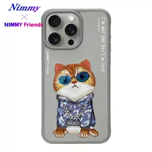 NIMMY iPhone 15 Pro Max 3D Gözlük Zincir Kedi Detaylı Cool Cute 2.0 Kılıf Gri