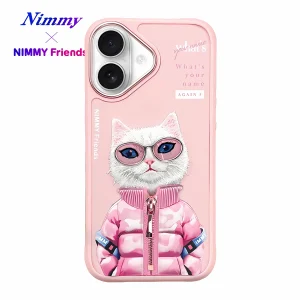 NIMMY iPhone 16 3D Kedi Zincir Gözlük Detaylı Cool Glasses Kılıf Pembe