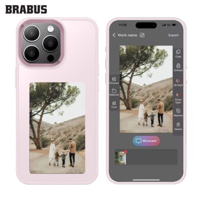 BRABUS iPhone 15 Pro Max NFC Ekran Resim Fotoğraf Yansıtmalı Parlak Insta Cover Kılıf - Pembe