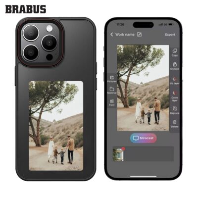 BRABUS iPhone 15 Pro Max NFC Ekran Resim Fotoğraf Yansıtmalı Parlak Insta Cover Kılıf - Siyah