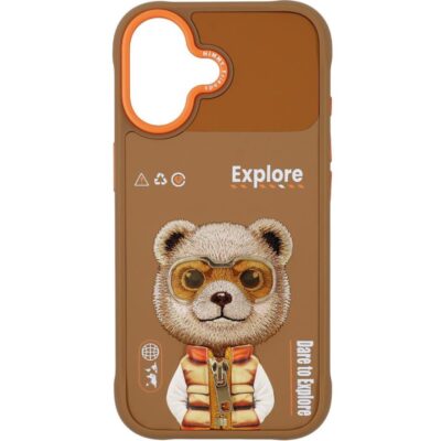 Nimmy iPhone 17 Gerçek Nakış Fermuar ve Gözlüklü Bear Cool And Cute 2.0 Kılıf - Çöl