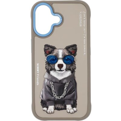 Nimmy iPhone 17 Gerçek Nakış Gözlük ve Zincir Desenli Glasses Serisi Border Collie Kılıf - Gri