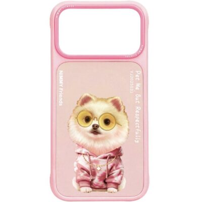 Nimmy iPhone 17 Pro Max Gerçek Nakış Gözlük ve Zincir Desenli Glasses Serisi Pomeranian Kılıf - Pembe