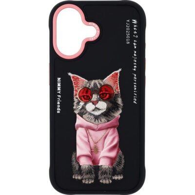 Nimmy iPhone 17 Gerçek Nakış Gözlük ve Zincir Desenli Glasses Serisi Maine Coon Kılıf - Siyah