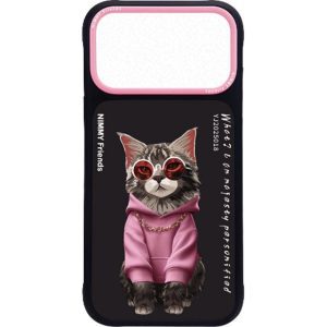 Nimmy iPhone 17 Pro Max Uyumlu Gerçek Nakış Gözlük ve Zincir Desenli Glasses Serisi Maine Coon Telefon Kılıfı