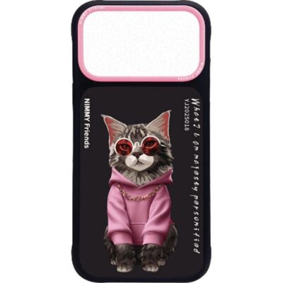 Nimmy iPhone 17 Pro Max Gerçek Nakış Gözlük ve Zincir Desenli Glasses Serisi Maine Coon Kılıf - Siyah