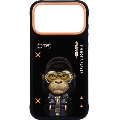 Nimmy iPhone 17 Pro Max Gerçek Nakış Fermuar ve Gözlüklü Gorilla Cool And Cute 2.0 Kılıf - Siyah
