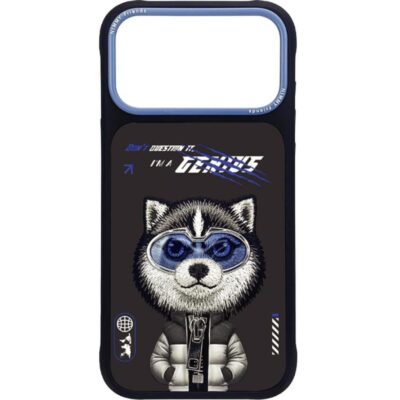 Nimmy iPhone 17 Pro Max Gerçek Nakış Fermuar ve Gözlüklü Siberian Husky Cool And Cute 2.0 Kılıf - Siyah