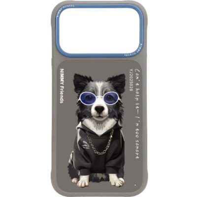Nimmy iPhone 17 Pro Gerçek Nakış Gözlük ve Zincir Desenli Glasses Serisi Border Collie Kılıf- Gri