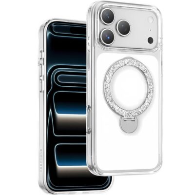 Keephone iPhone 17 Pro Max Crystal Taşlı 360 Magsafe Standlı Kılıf - Şeffaf